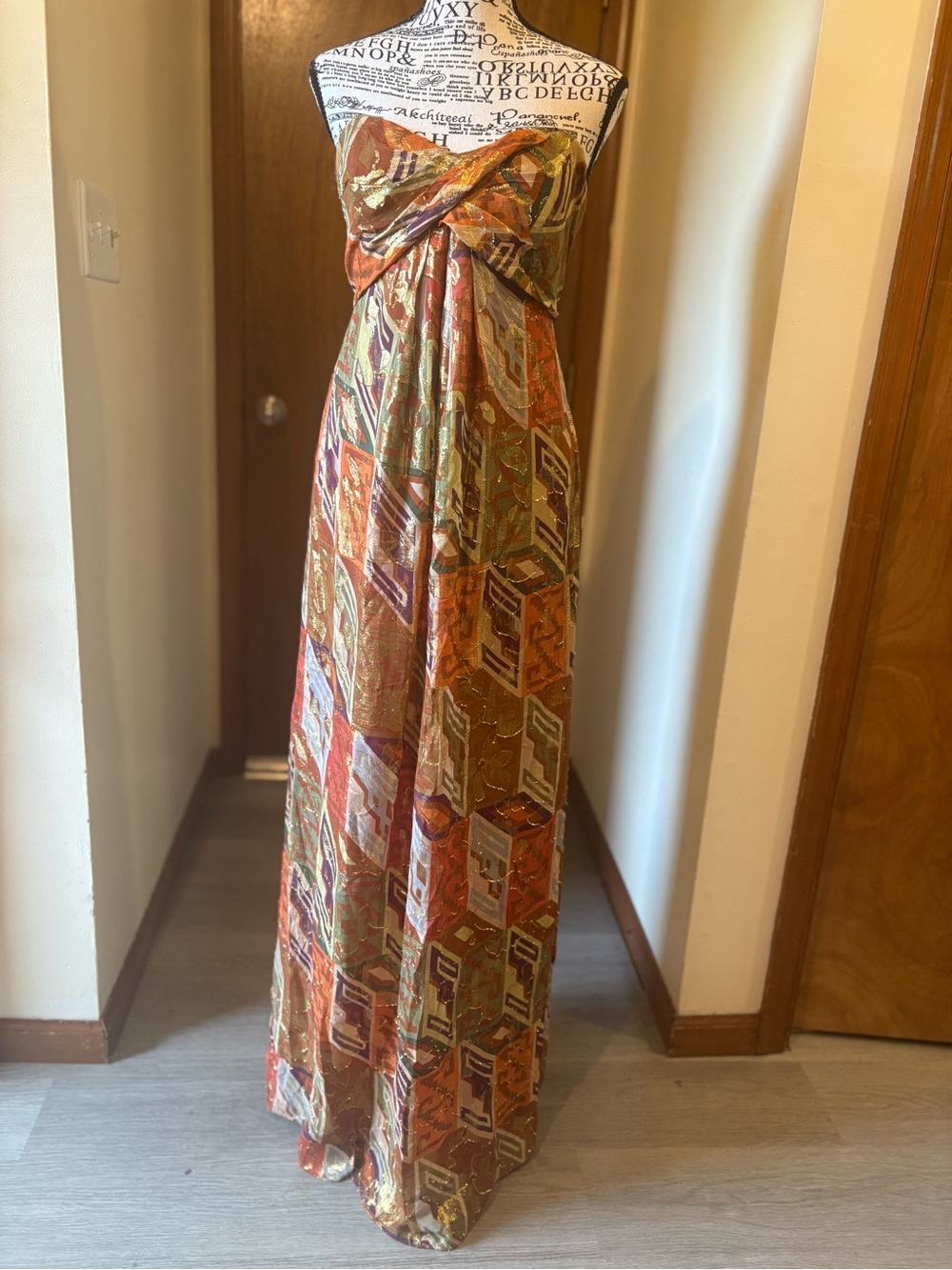 Nicole Miller Strapless Maxi Gown in Rust, Olive & Gold Geometric Print